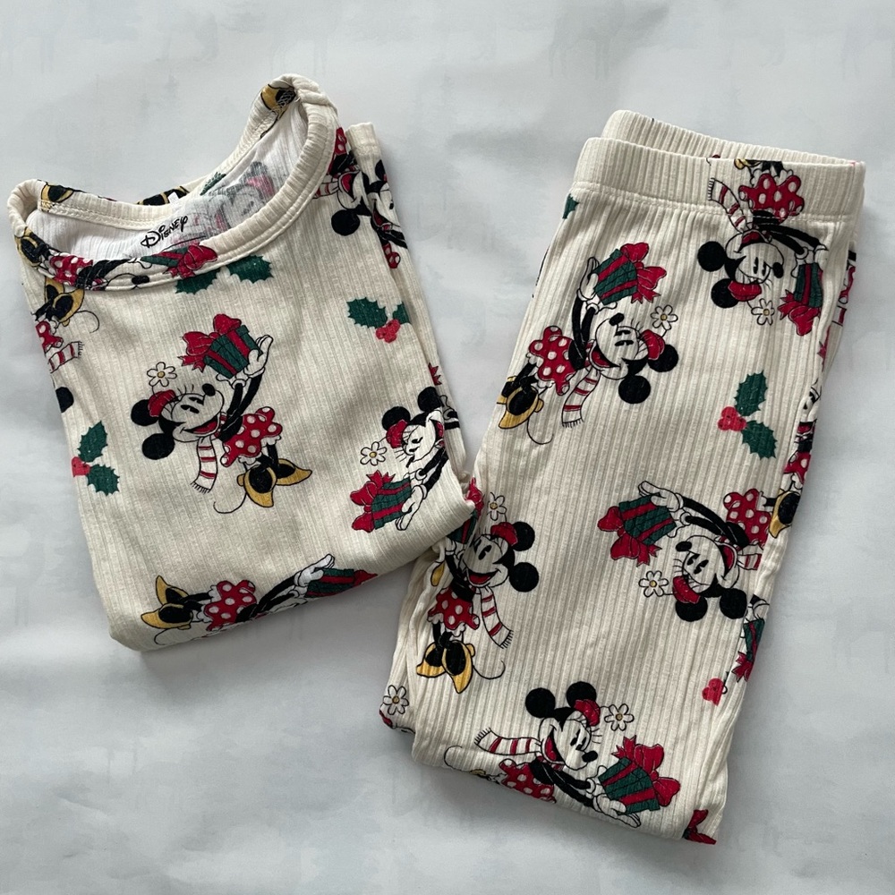 Posh Peanut Kids Pajama Set - Cream with Mickey and Minnie Holiday Print
